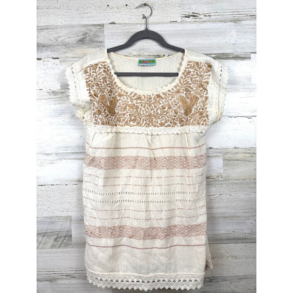 Nativa Womens M Cream Gold Embroidered Handmade Woven Boho Dove Bird Shirt NEW